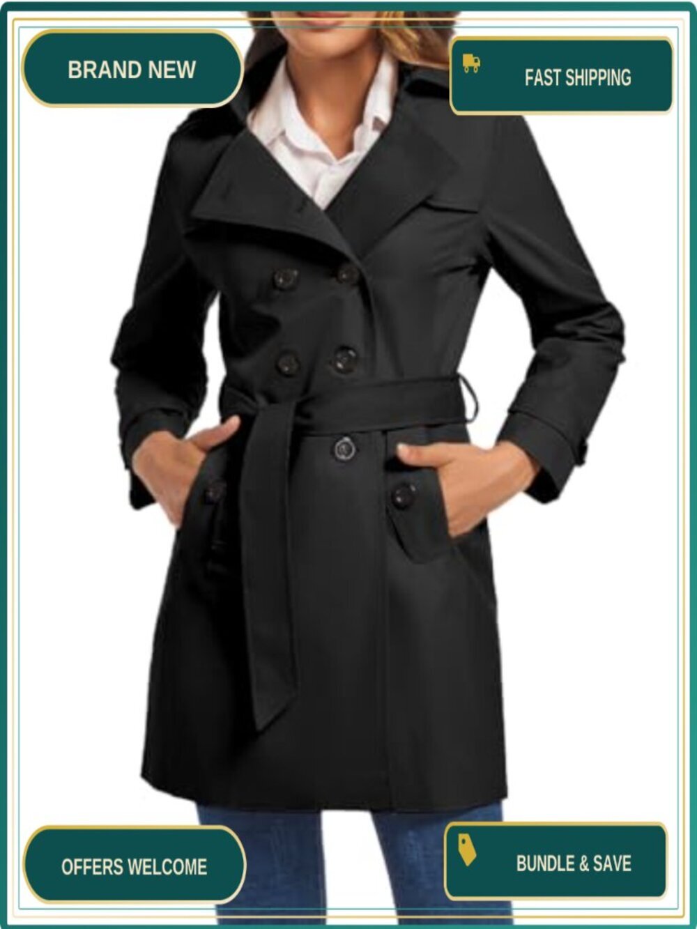 Double Breasted Trench Coat Water Resistant Belted Lapel Windbreaker